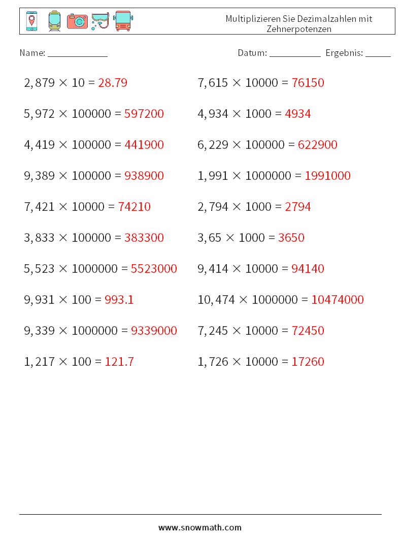 Multiplizieren Sie Dezimalzahlen mit Zehnerpotenzen Mathe-Arbeitsblätter 15 Frage, Antwort