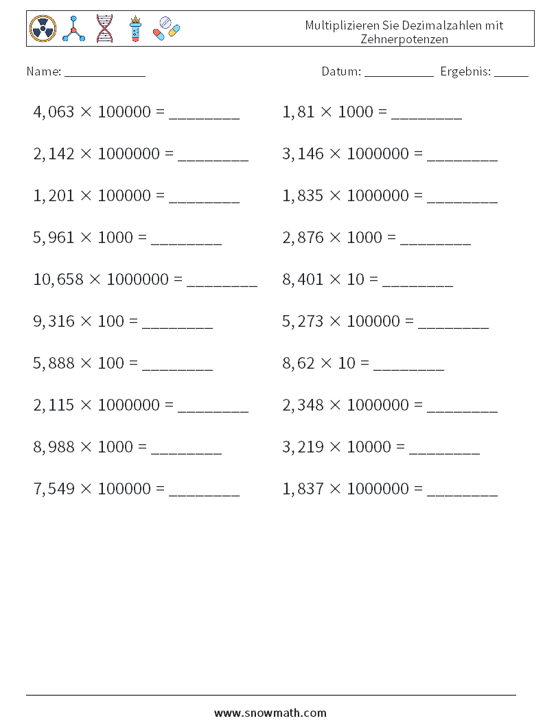 Multiplizieren Sie Dezimalzahlen mit Zehnerpotenzen Mathe-Arbeitsblätter 16