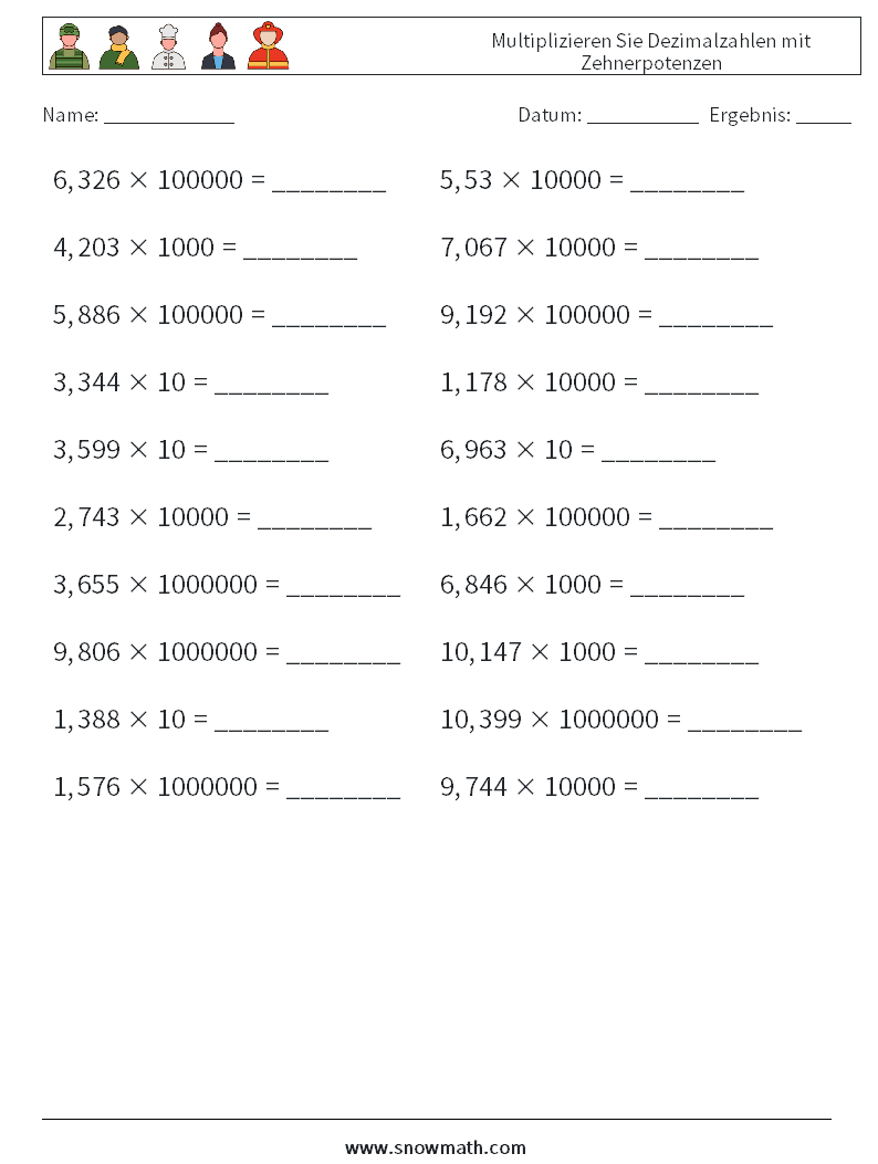 Multiplizieren Sie Dezimalzahlen mit Zehnerpotenzen Mathe-Arbeitsblätter 17