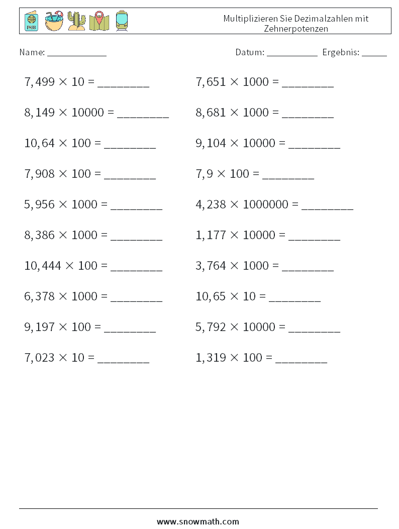 Multiplizieren Sie Dezimalzahlen mit Zehnerpotenzen Mathe-Arbeitsblätter 18