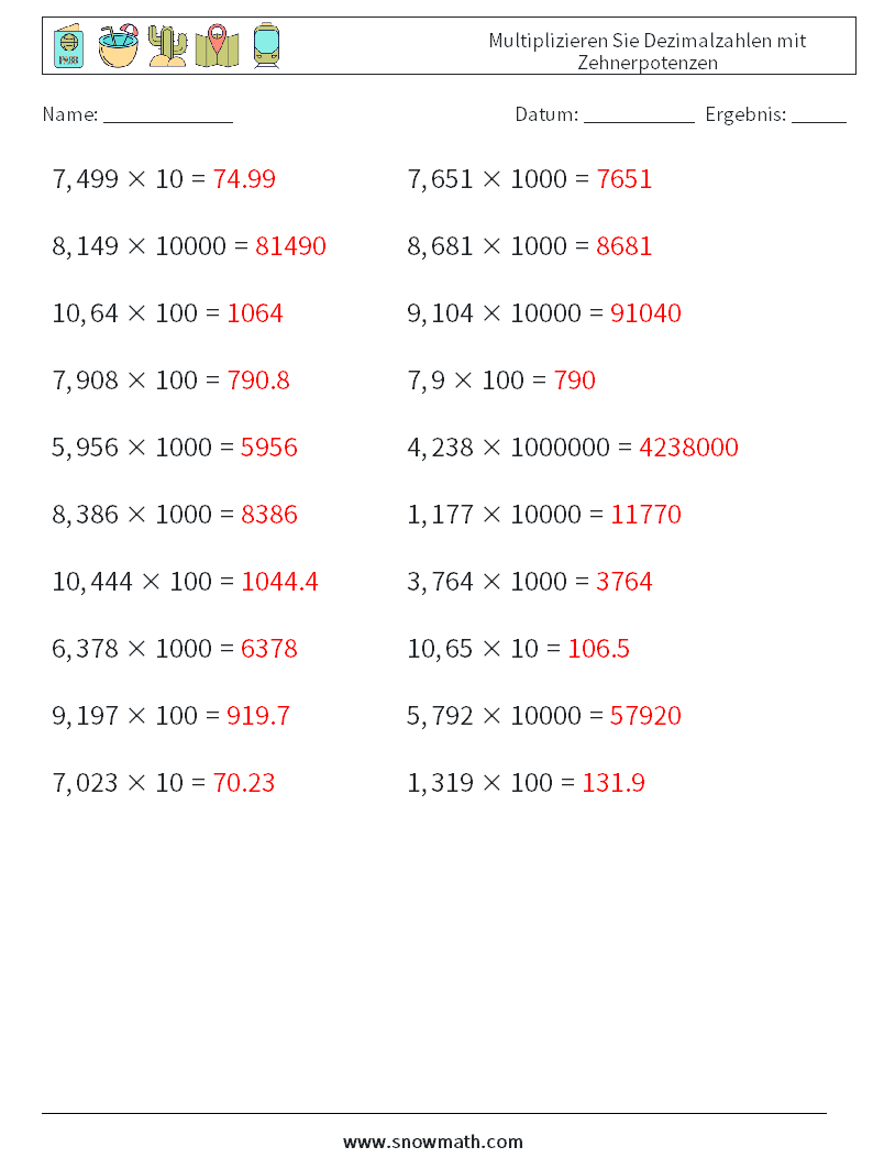 Multiplizieren Sie Dezimalzahlen mit Zehnerpotenzen Mathe-Arbeitsblätter 18 Frage, Antwort