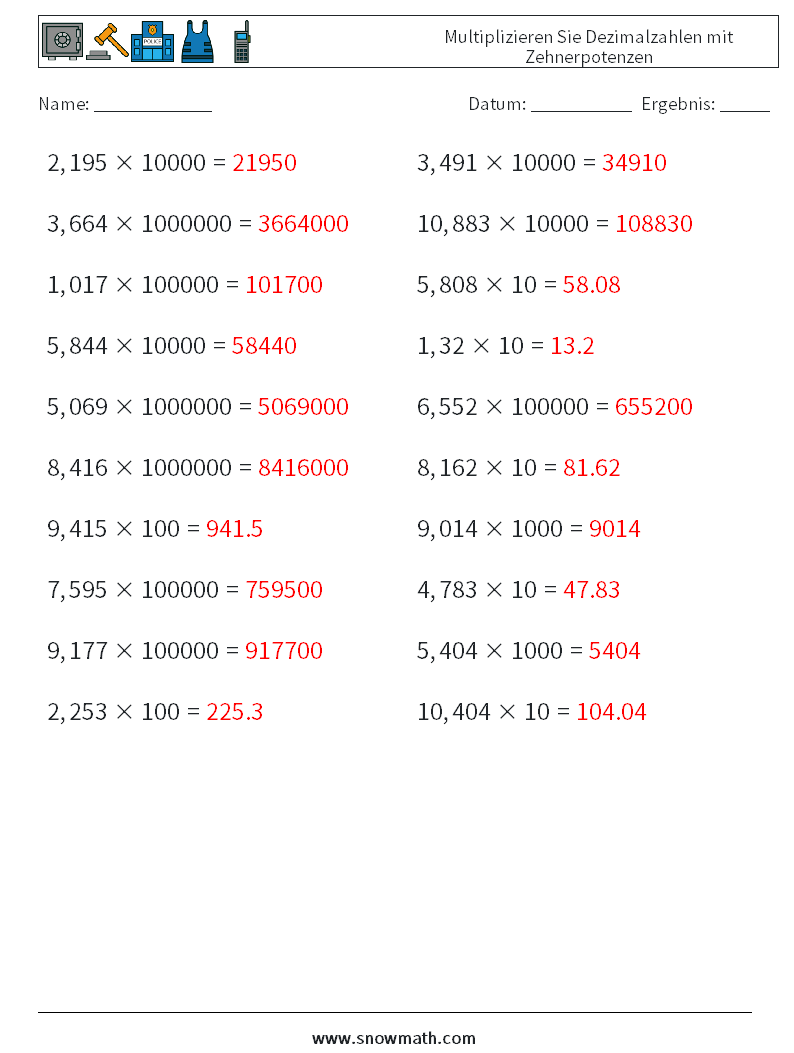 Multiplizieren Sie Dezimalzahlen mit Zehnerpotenzen Mathe-Arbeitsblätter 1 Frage, Antwort