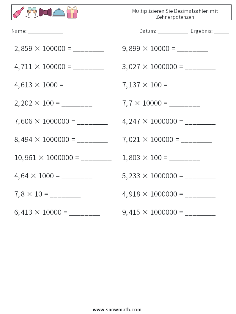 Multiplizieren Sie Dezimalzahlen mit Zehnerpotenzen Mathe-Arbeitsblätter 2