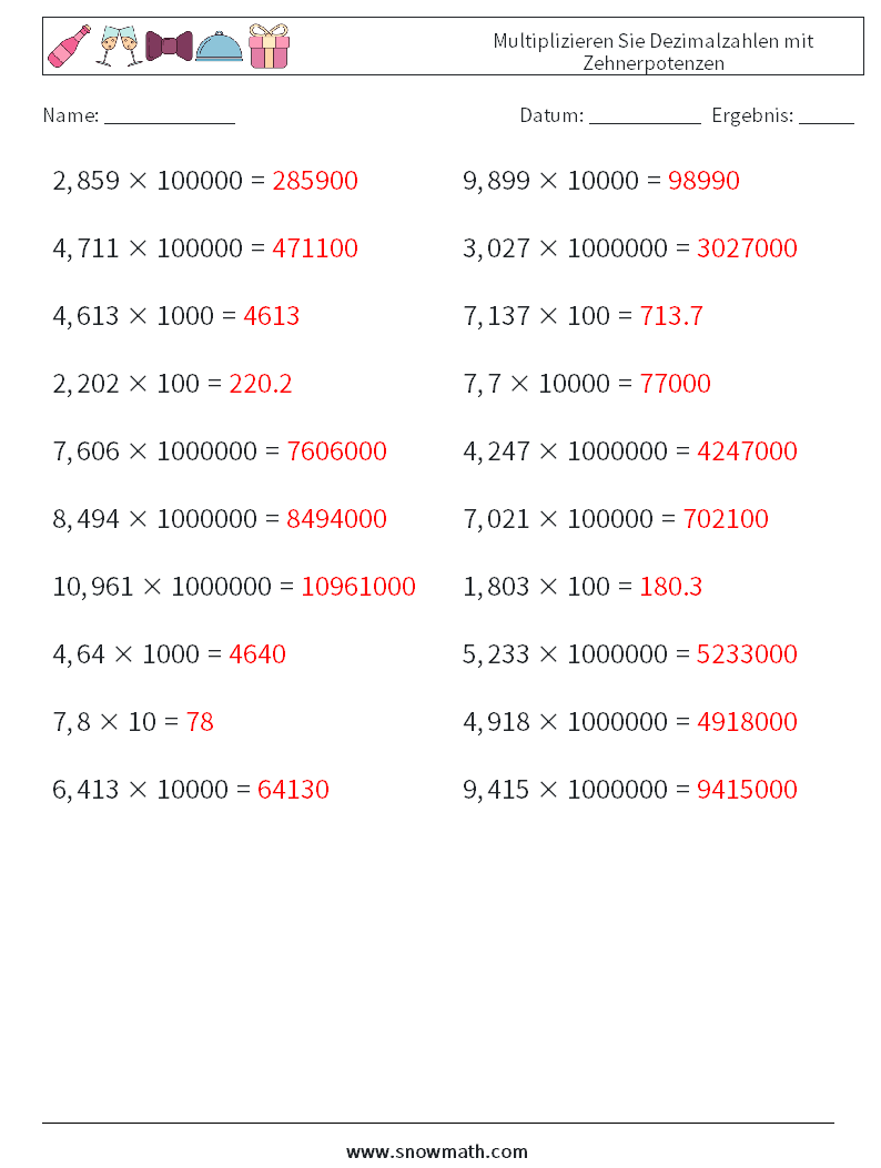 Multiplizieren Sie Dezimalzahlen mit Zehnerpotenzen Mathe-Arbeitsblätter 2 Frage, Antwort