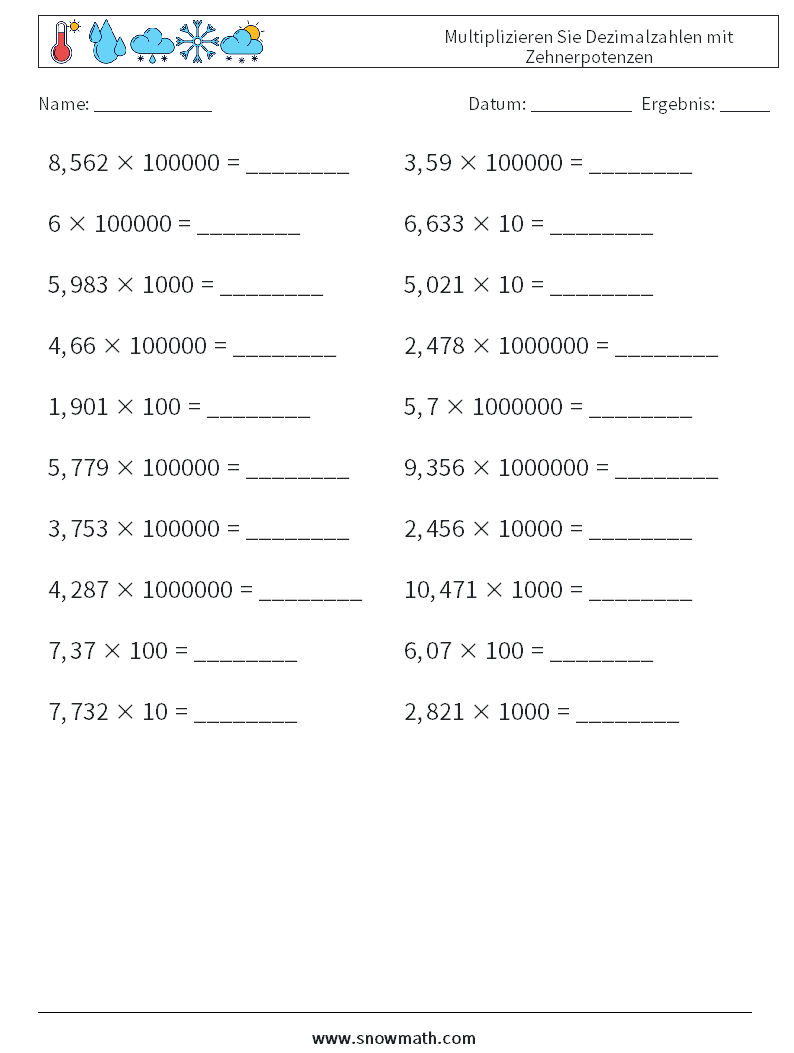 Multiplizieren Sie Dezimalzahlen mit Zehnerpotenzen Mathe-Arbeitsblätter 3