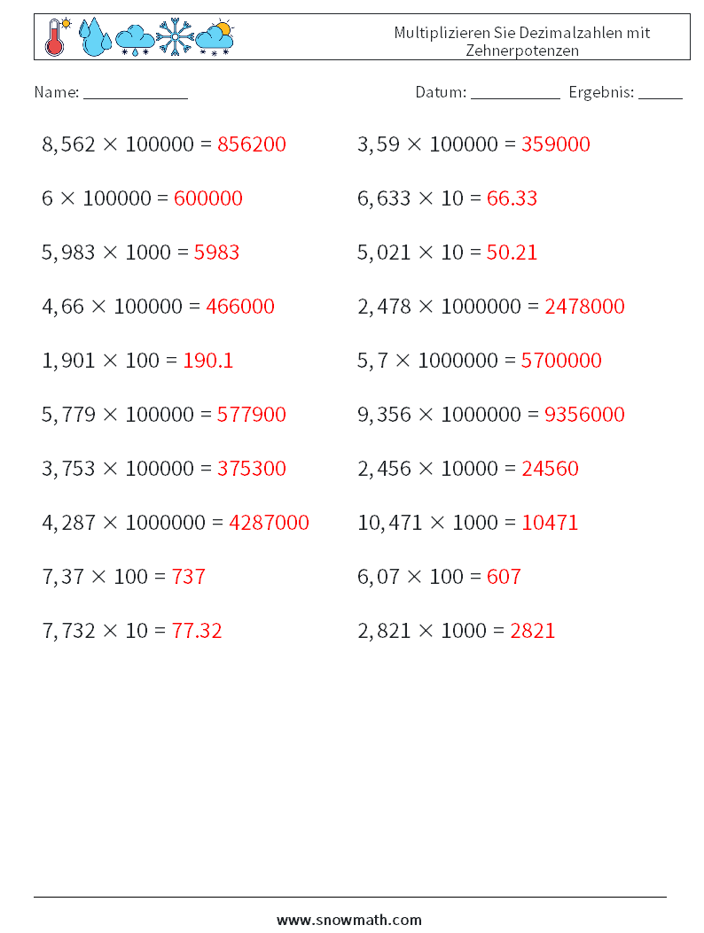 Multiplizieren Sie Dezimalzahlen mit Zehnerpotenzen Mathe-Arbeitsblätter 3 Frage, Antwort