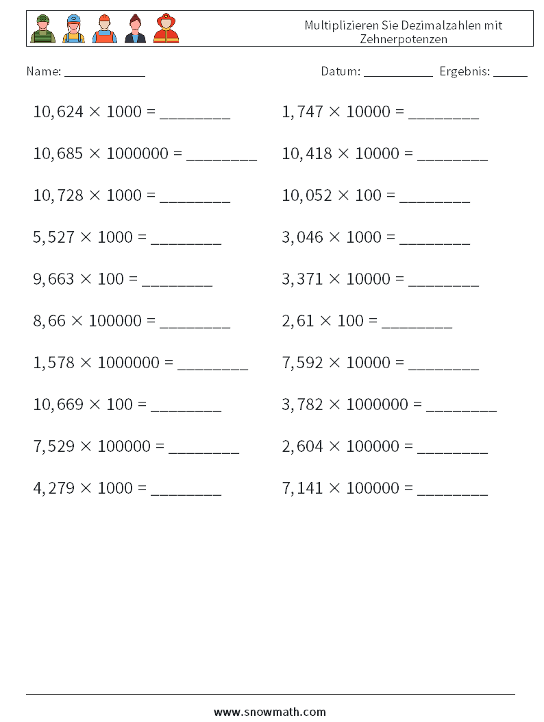 Multiplizieren Sie Dezimalzahlen mit Zehnerpotenzen Mathe-Arbeitsblätter 4