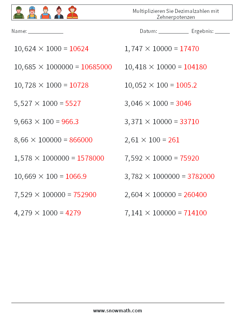 Multiplizieren Sie Dezimalzahlen mit Zehnerpotenzen Mathe-Arbeitsblätter 4 Frage, Antwort