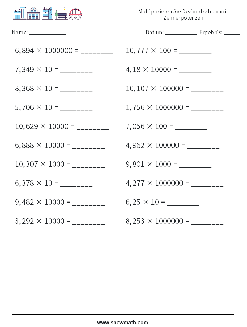 Multiplizieren Sie Dezimalzahlen mit Zehnerpotenzen Mathe-Arbeitsblätter 5