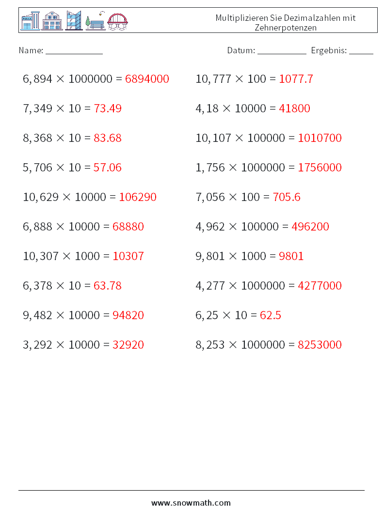 Multiplizieren Sie Dezimalzahlen mit Zehnerpotenzen Mathe-Arbeitsblätter 5 Frage, Antwort