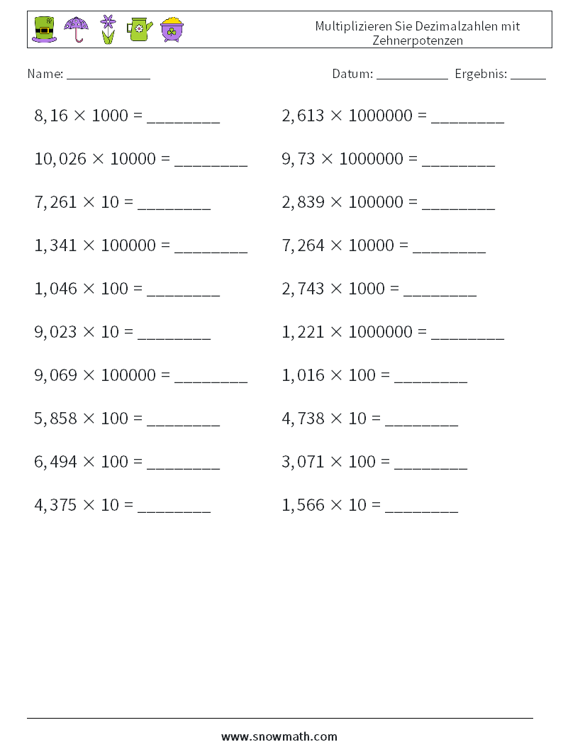 Multiplizieren Sie Dezimalzahlen mit Zehnerpotenzen Mathe-Arbeitsblätter 6