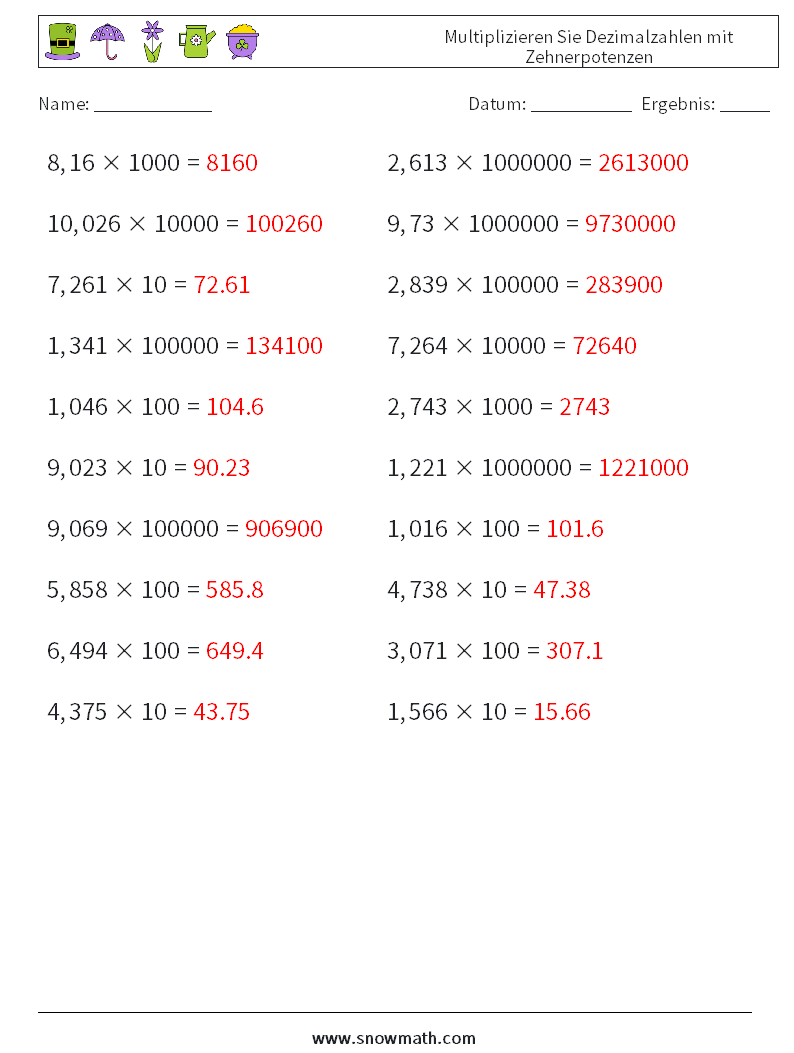 Multiplizieren Sie Dezimalzahlen mit Zehnerpotenzen Mathe-Arbeitsblätter 6 Frage, Antwort