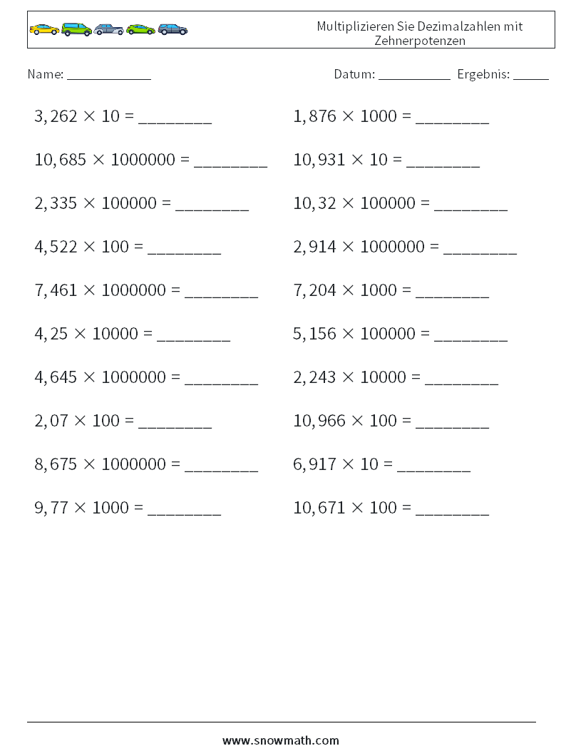 Multiplizieren Sie Dezimalzahlen mit Zehnerpotenzen Mathe-Arbeitsblätter 7