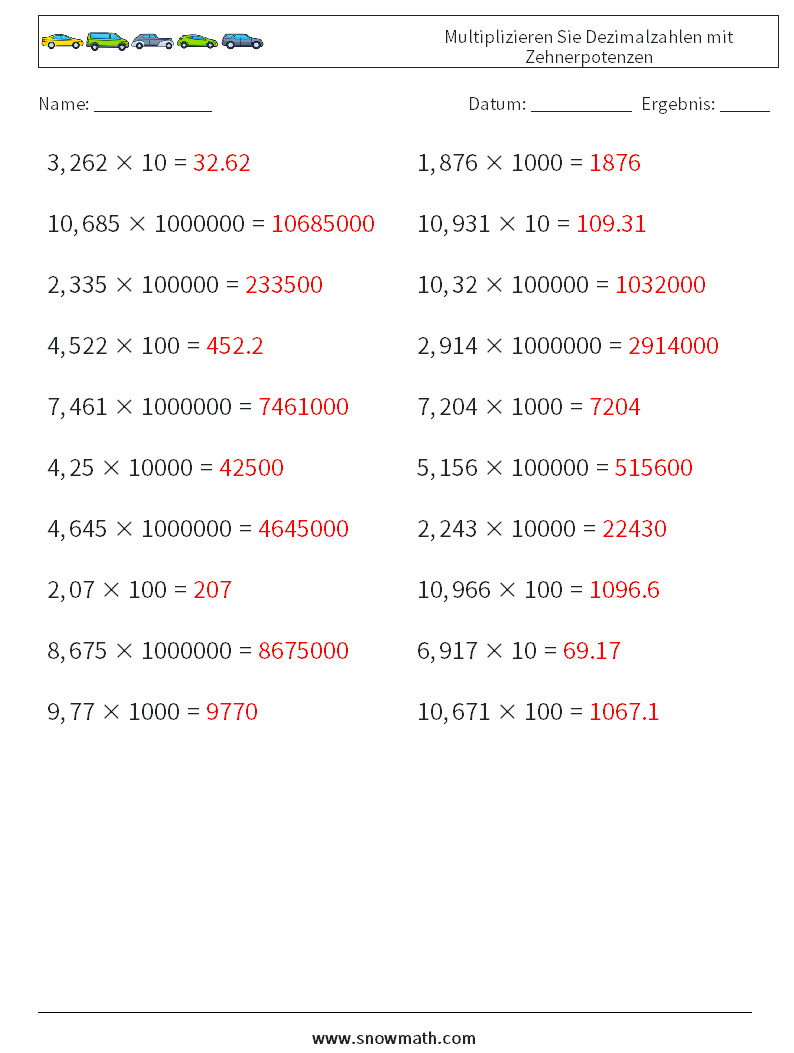 Multiplizieren Sie Dezimalzahlen mit Zehnerpotenzen Mathe-Arbeitsblätter 7 Frage, Antwort