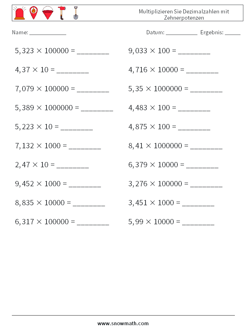 Multiplizieren Sie Dezimalzahlen mit Zehnerpotenzen Mathe-Arbeitsblätter 8
