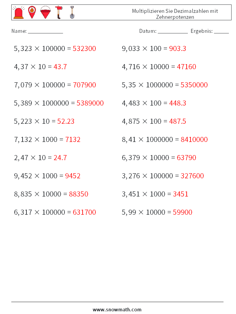 Multiplizieren Sie Dezimalzahlen mit Zehnerpotenzen Mathe-Arbeitsblätter 8 Frage, Antwort