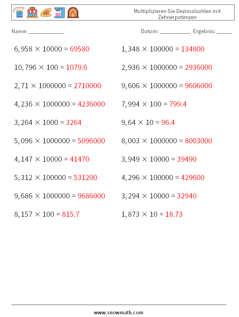 Multiplizieren Sie Dezimalzahlen mit Zehnerpotenzen Mathe-Arbeitsblätter 9 Frage, Antwort