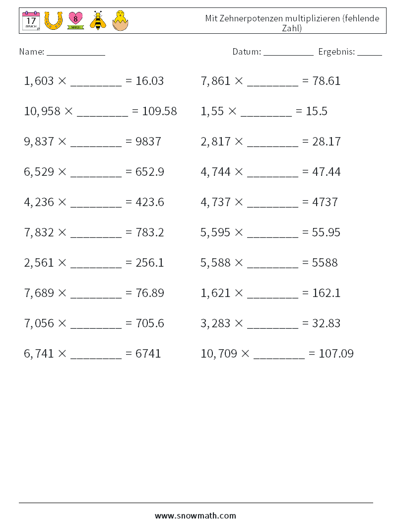 Mit Zehnerpotenzen multiplizieren (fehlende Zahl) Mathe-Arbeitsblätter 1