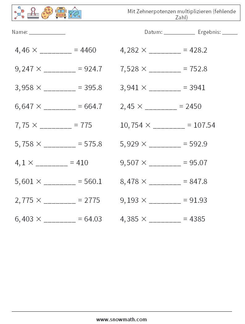 Mit Zehnerpotenzen multiplizieren (fehlende Zahl) Mathe-Arbeitsblätter 10