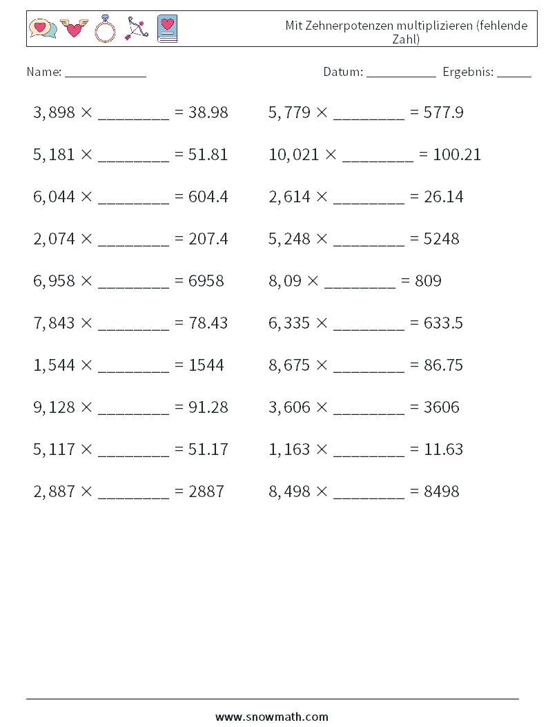 Mit Zehnerpotenzen multiplizieren (fehlende Zahl) Mathe-Arbeitsblätter 11