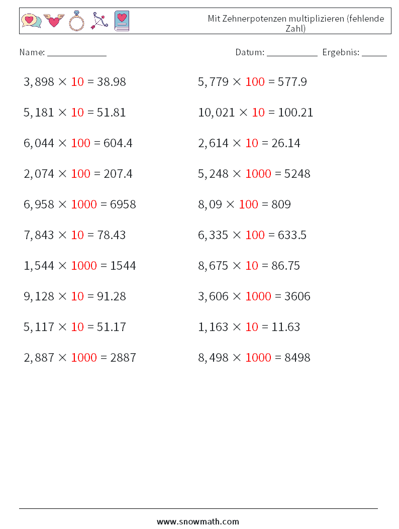 Mit Zehnerpotenzen multiplizieren (fehlende Zahl) Mathe-Arbeitsblätter 11 Frage, Antwort