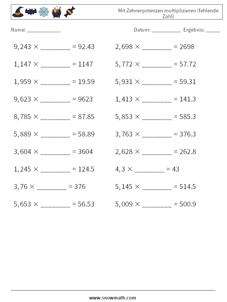 Mit Zehnerpotenzen multiplizieren (fehlende Zahl) Mathe-Arbeitsblätter 14