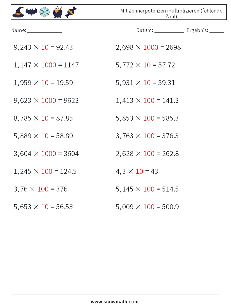 Mit Zehnerpotenzen multiplizieren (fehlende Zahl) Mathe-Arbeitsblätter 14 Frage, Antwort