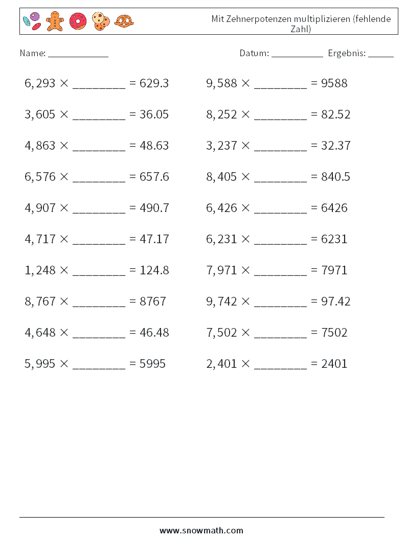 Mit Zehnerpotenzen multiplizieren (fehlende Zahl) Mathe-Arbeitsblätter 17