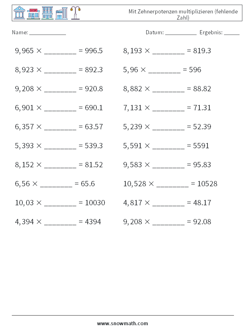 Mit Zehnerpotenzen multiplizieren (fehlende Zahl) Mathe-Arbeitsblätter 3