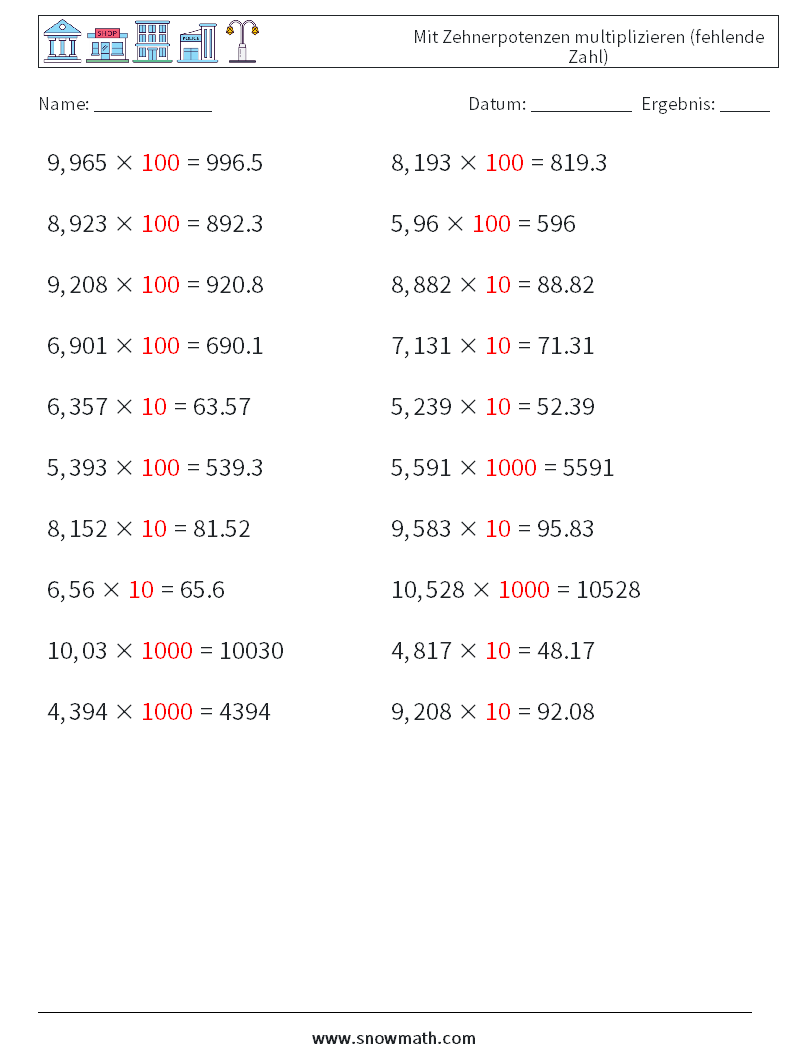 Mit Zehnerpotenzen multiplizieren (fehlende Zahl) Mathe-Arbeitsblätter 3 Frage, Antwort