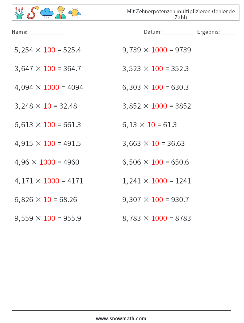 Mit Zehnerpotenzen multiplizieren (fehlende Zahl) Mathe-Arbeitsblätter 4 Frage, Antwort