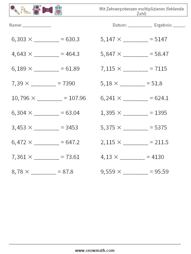 Mit Zehnerpotenzen multiplizieren (fehlende Zahl) Mathe-Arbeitsblätter 5