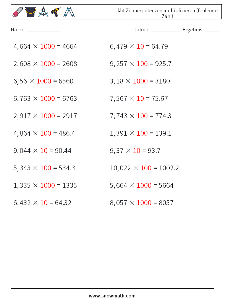 Mit Zehnerpotenzen multiplizieren (fehlende Zahl) Mathe-Arbeitsblätter 7 Frage, Antwort