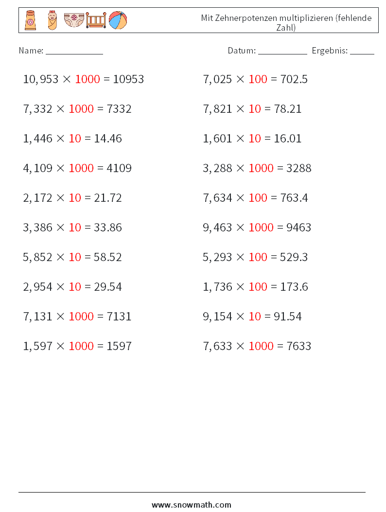 Mit Zehnerpotenzen multiplizieren (fehlende Zahl) Mathe-Arbeitsblätter 8 Frage, Antwort