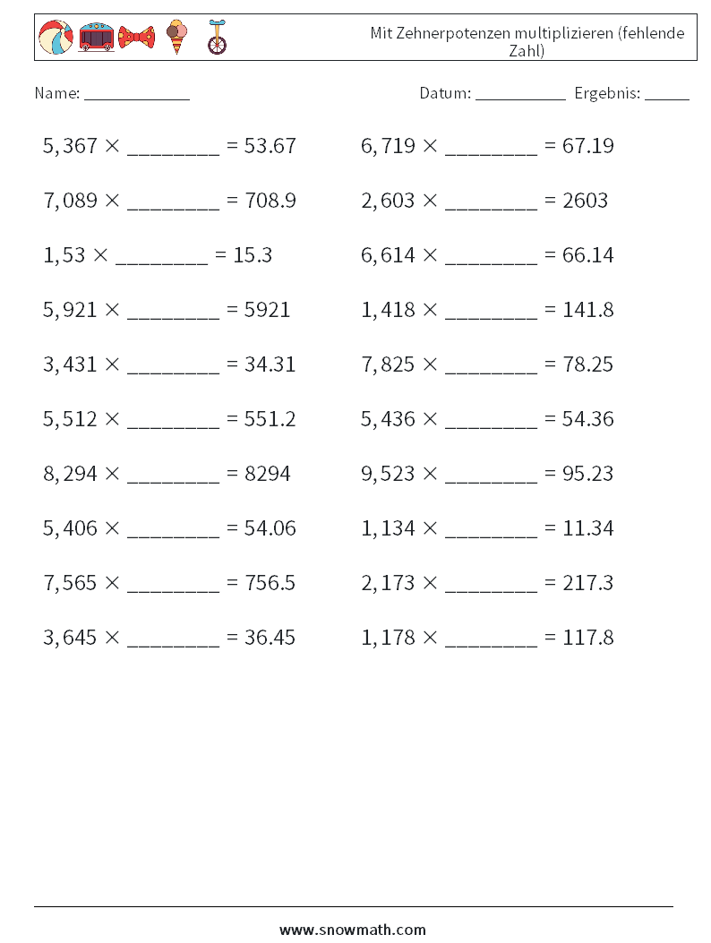 Mit Zehnerpotenzen multiplizieren (fehlende Zahl) Mathe-Arbeitsblätter 9