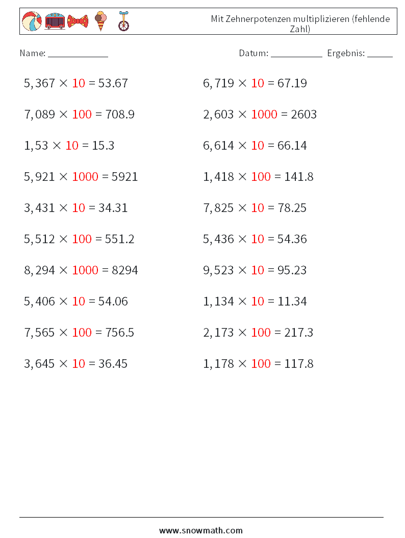 Mit Zehnerpotenzen multiplizieren (fehlende Zahl) Mathe-Arbeitsblätter 9 Frage, Antwort