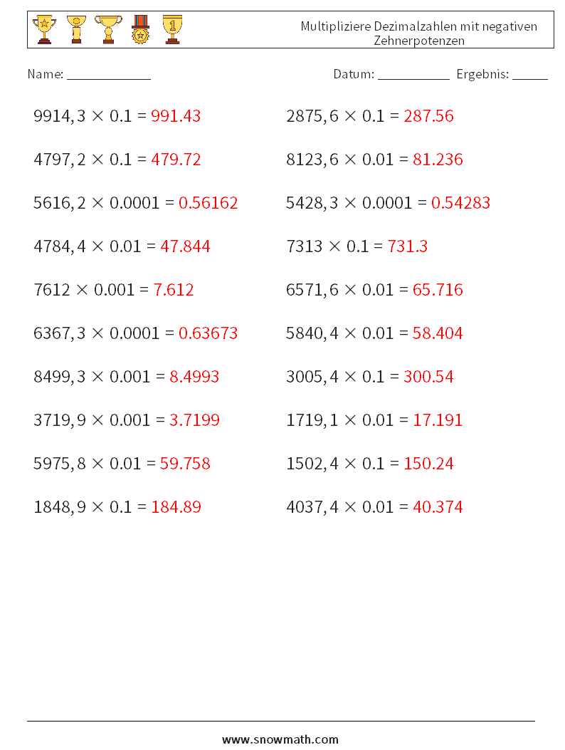 Multipliziere Dezimalzahlen mit negativen Zehnerpotenzen Mathe-Arbeitsblätter 10 Frage, Antwort