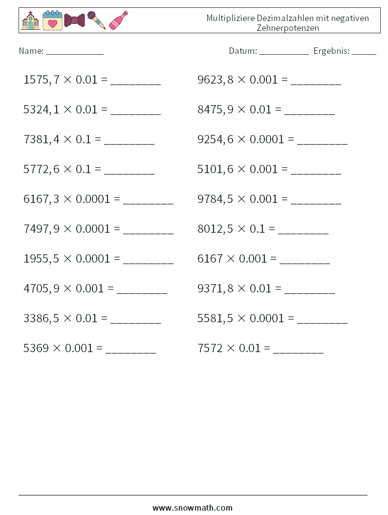 Multipliziere Dezimalzahlen mit negativen Zehnerpotenzen Mathe-Arbeitsblätter 11