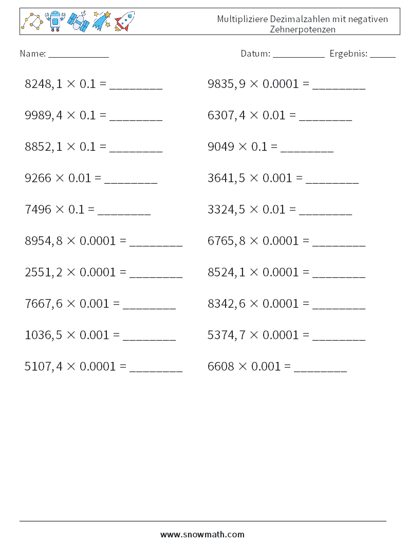 Multipliziere Dezimalzahlen mit negativen Zehnerpotenzen Mathe-Arbeitsblätter 12