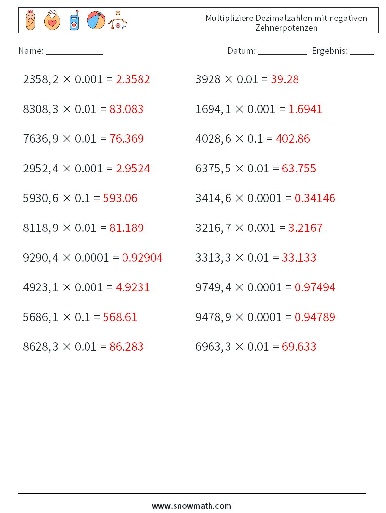 Multipliziere Dezimalzahlen mit negativen Zehnerpotenzen Mathe-Arbeitsblätter 13 Frage, Antwort