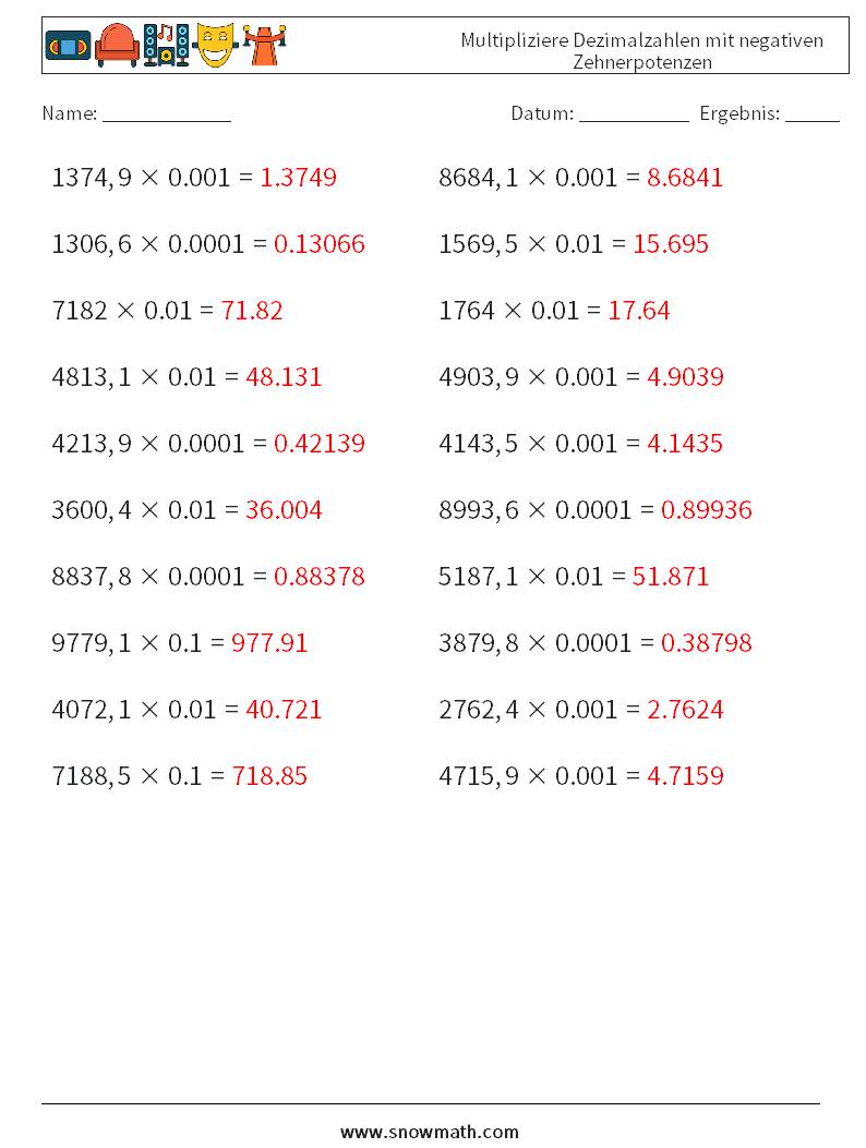 Multipliziere Dezimalzahlen mit negativen Zehnerpotenzen Mathe-Arbeitsblätter 14 Frage, Antwort