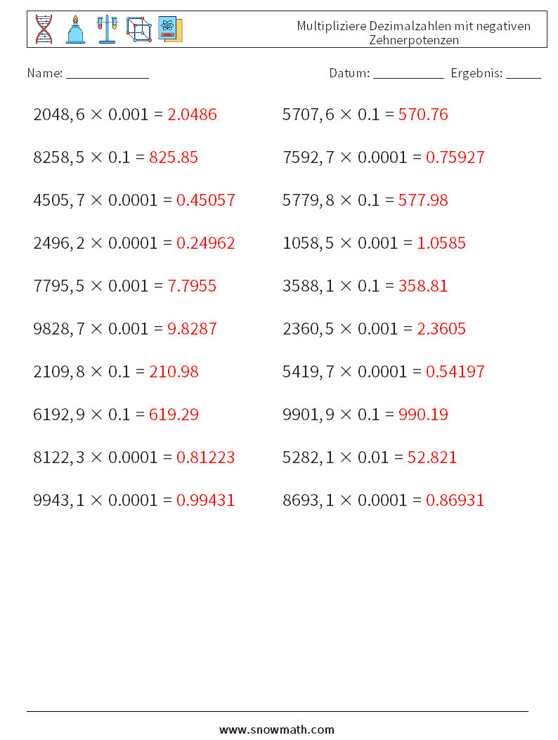 Multipliziere Dezimalzahlen mit negativen Zehnerpotenzen Mathe-Arbeitsblätter 15 Frage, Antwort