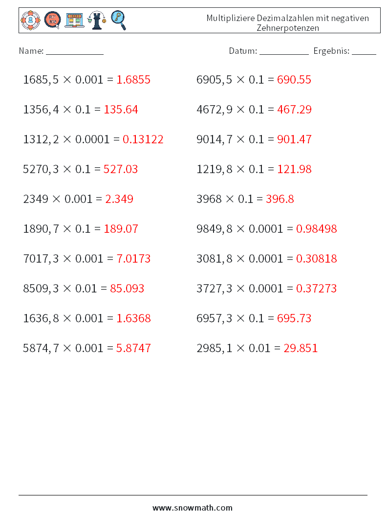 Multipliziere Dezimalzahlen mit negativen Zehnerpotenzen Mathe-Arbeitsblätter 16 Frage, Antwort