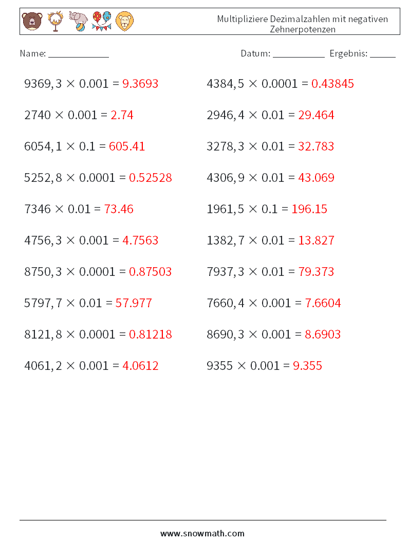 Multipliziere Dezimalzahlen mit negativen Zehnerpotenzen Mathe-Arbeitsblätter 1 Frage, Antwort