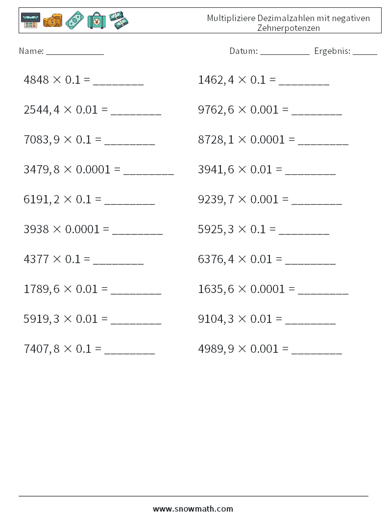 Multipliziere Dezimalzahlen mit negativen Zehnerpotenzen Mathe-Arbeitsblätter 2