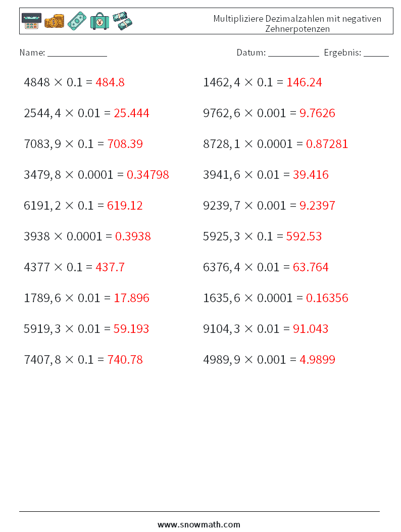 Multipliziere Dezimalzahlen mit negativen Zehnerpotenzen Mathe-Arbeitsblätter 2 Frage, Antwort