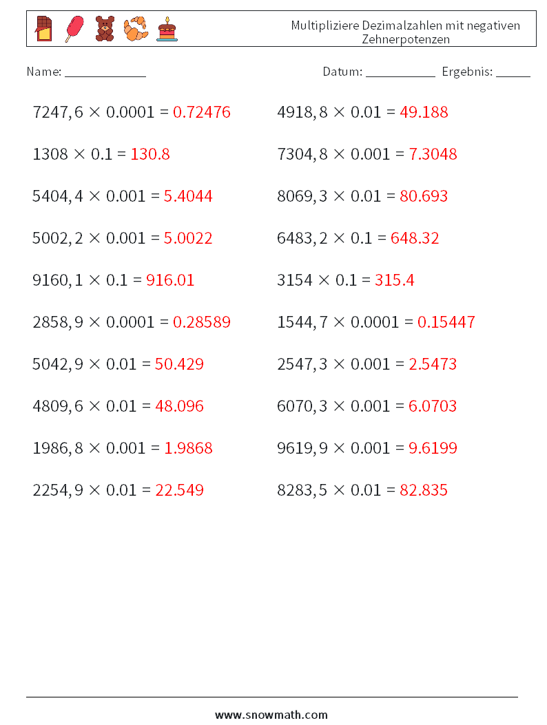 Multipliziere Dezimalzahlen mit negativen Zehnerpotenzen Mathe-Arbeitsblätter 3 Frage, Antwort