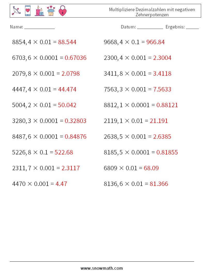 Multipliziere Dezimalzahlen mit negativen Zehnerpotenzen Mathe-Arbeitsblätter 4 Frage, Antwort