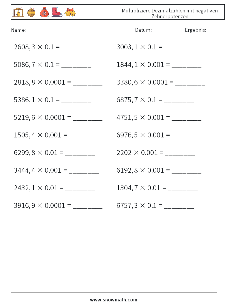 Multipliziere Dezimalzahlen mit negativen Zehnerpotenzen Mathe-Arbeitsblätter 7