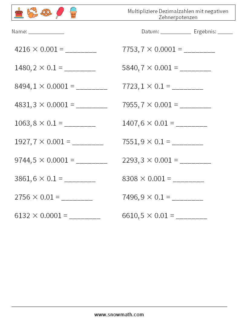 Multipliziere Dezimalzahlen mit negativen Zehnerpotenzen Mathe-Arbeitsblätter 8